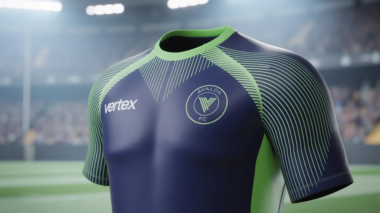 A photorealistic mockup of a custom navy blue and neon green football jersey for 'AVALON FC' with a 'VERTEX' sponsor logo, laid flat against a clean white background.