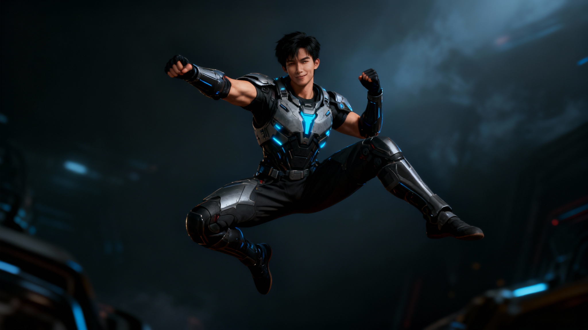 A final 3D render of a muscular male character in futuristic armor, captured in a dynamic mid-air action pose against a cinematic sci-fi background, showcasing the result of using a pose editor.