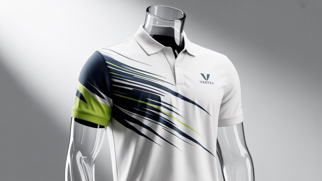 A professionally designed white tennis polo shirt with a dynamic navy and lime green graphic, showcased as a final product in a commercial-style photo.