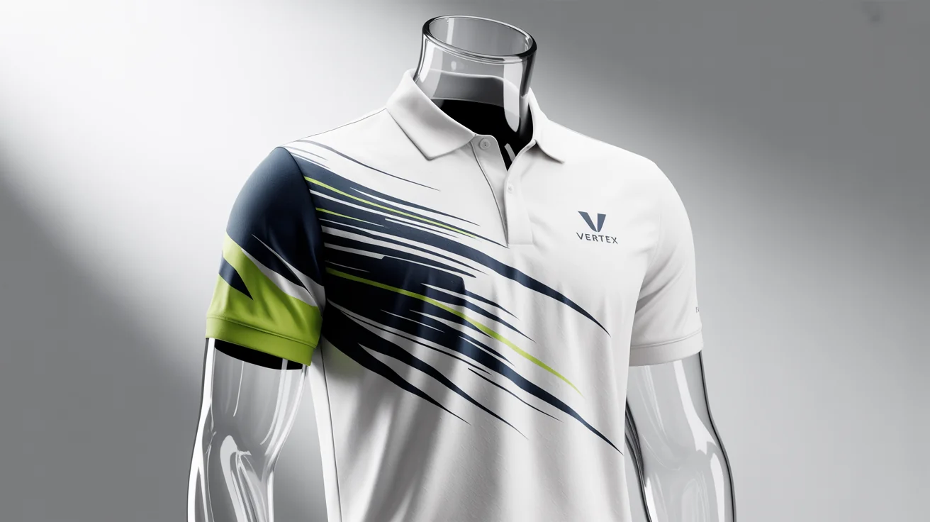 A professionally designed white tennis polo shirt with a dynamic navy and lime green graphic, showcased as a final product in a commercial-style photo.
