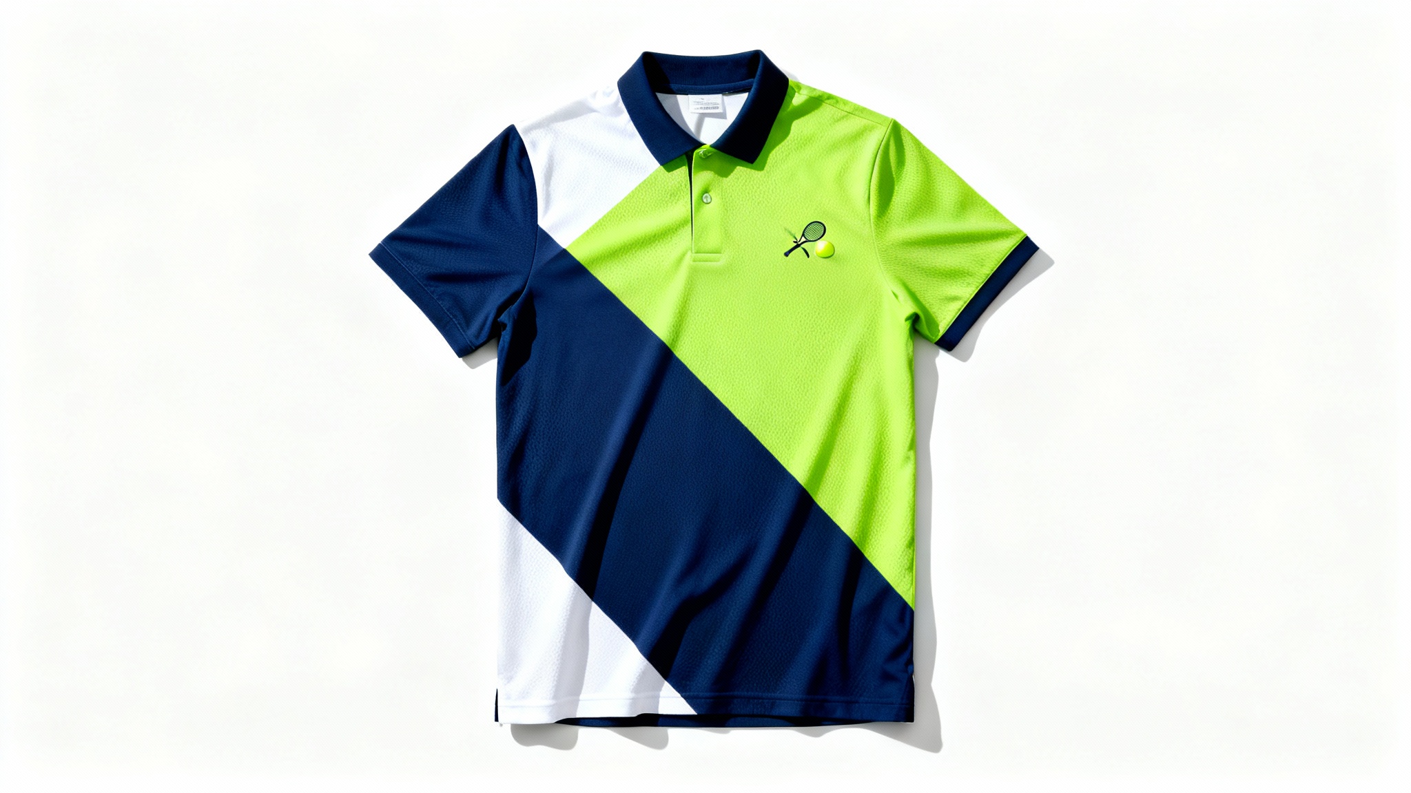 A mockup of a modern tennis polo shirt with a blue, green, and white geometric design, shown flat against a white background.