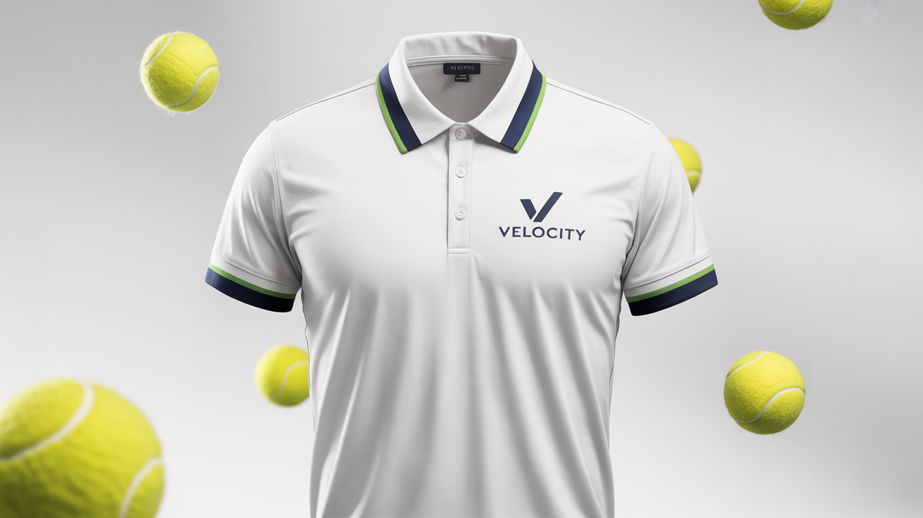 A flat lay product mockup of a white tennis polo shirt with navy blue and green stripes on the collar and cuffs, featuring a fictional 'Velocity' brand logo on the chest, all on a clean white background.