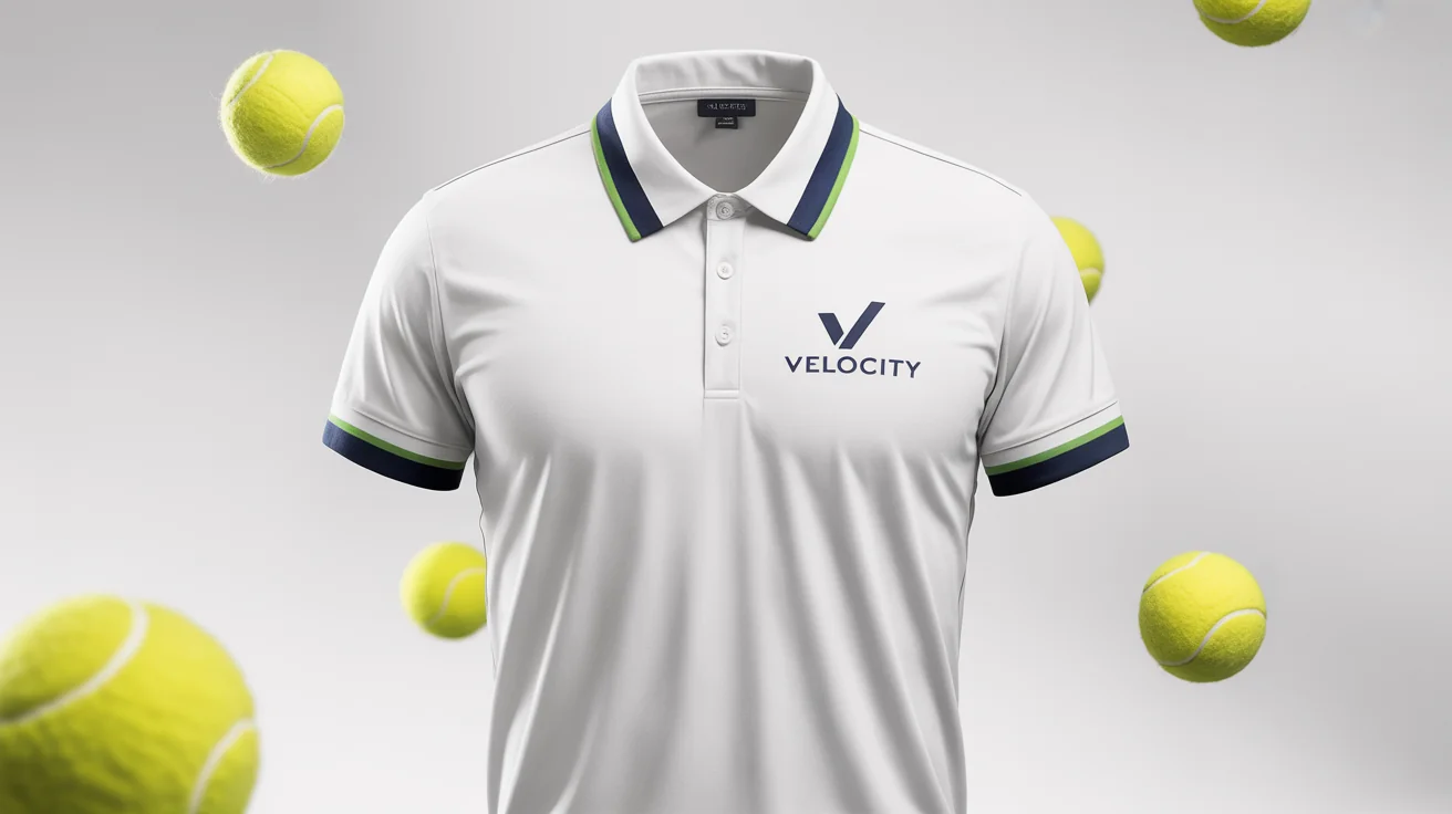A flat lay product mockup of a white tennis polo shirt with navy blue and green stripes on the collar and cuffs, featuring a fictional 'Velocity' brand logo on the chest, all on a clean white background.