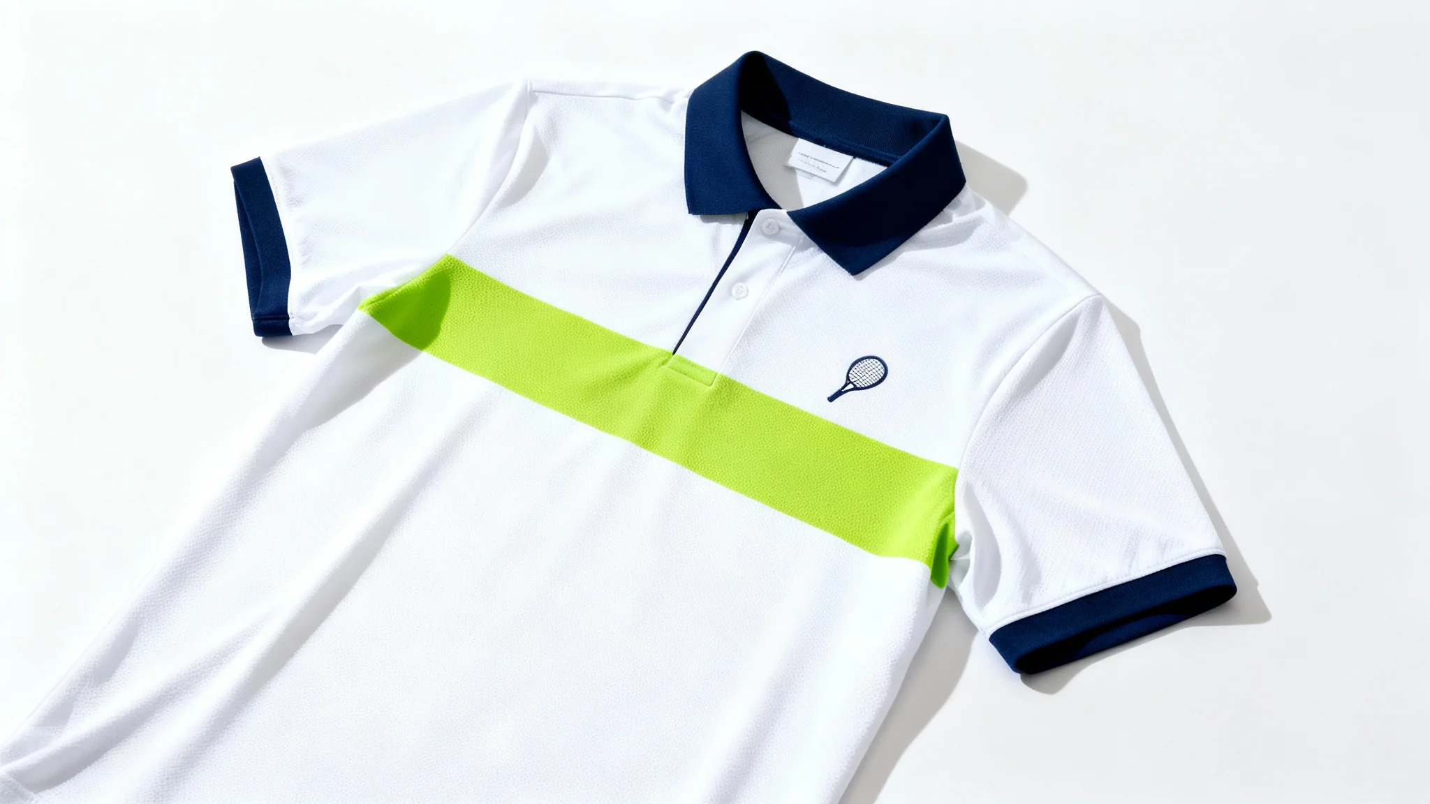 A modern white tennis polo shirt with a navy collar and a lime green stripe, displayed in a flat-lay product mockup on a white background.
