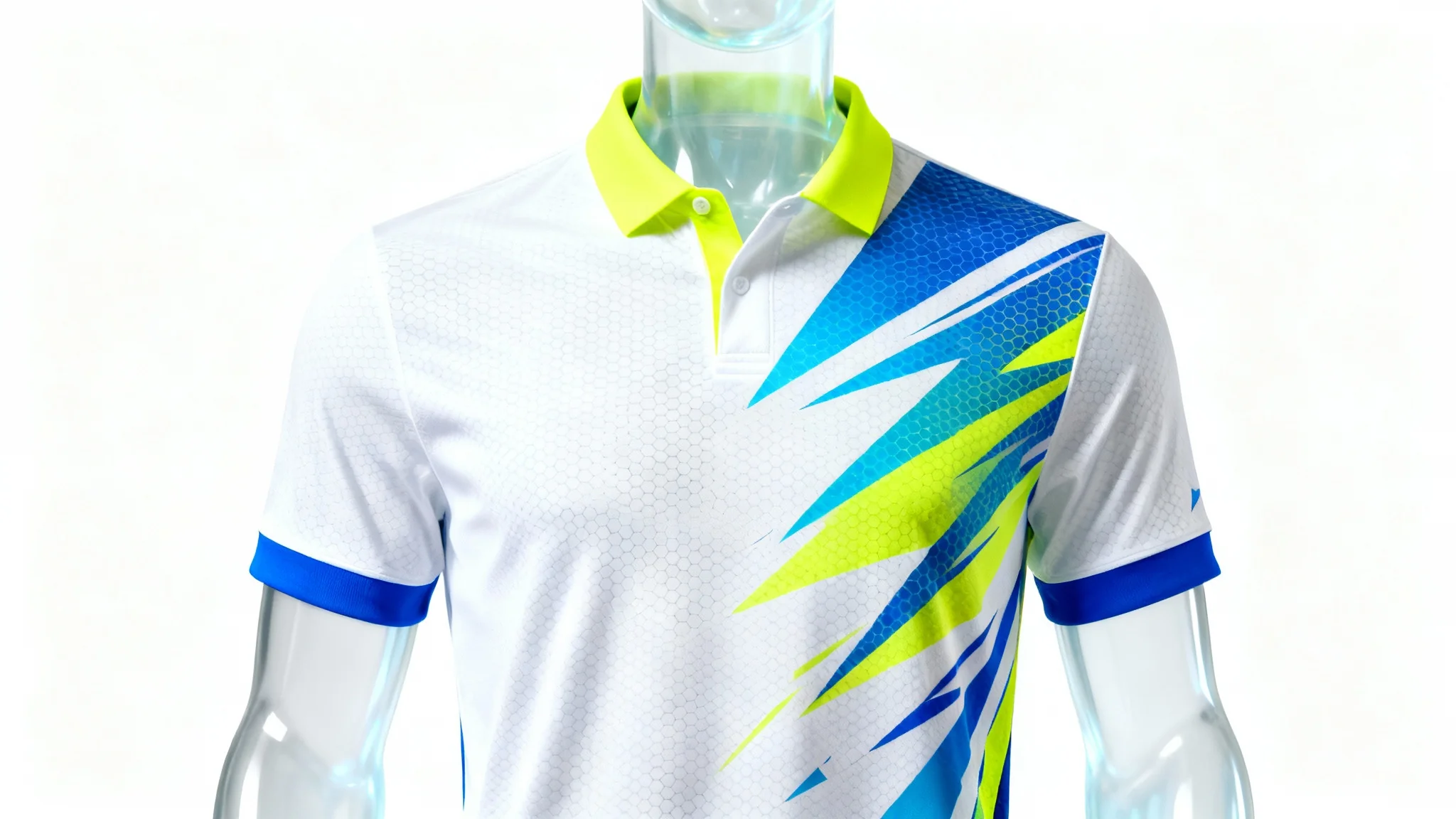A professional mockup of a modern white tennis polo shirt featuring a dynamic blue and yellow abstract design, displayed on an invisible mannequin against a white background.