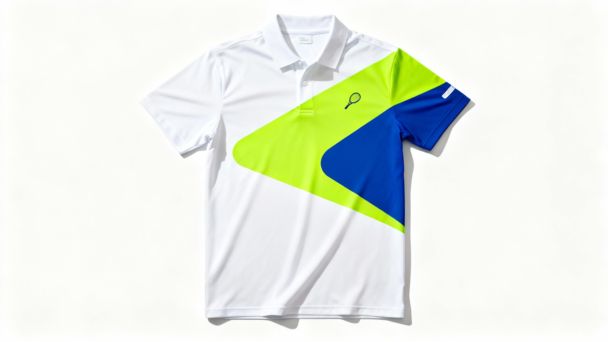 A high-quality, white tennis polo shirt with a dynamic lime green and blue design, laid flat against a clean white background in a professional product shot.