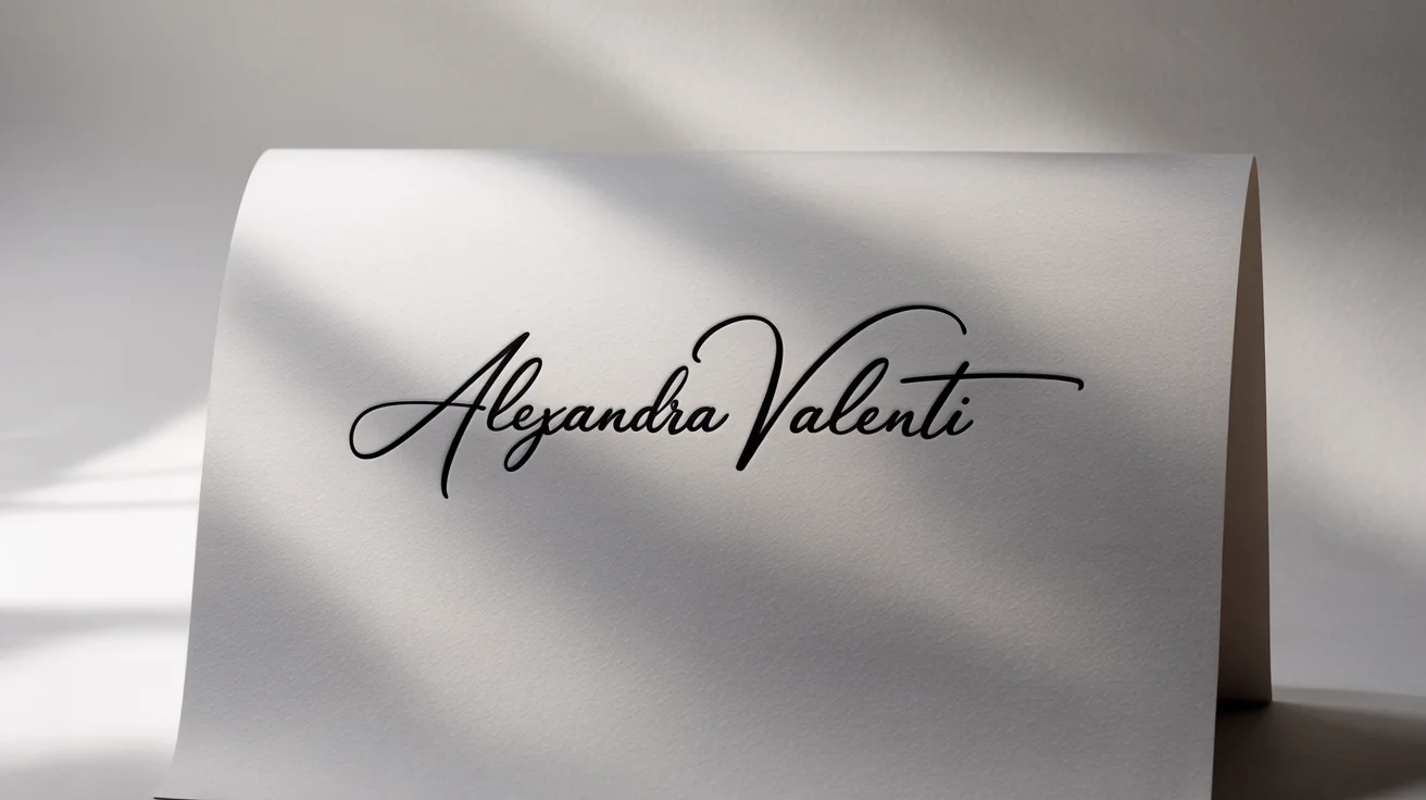 A photorealistic mockup of an elegant, black signature-style logo for 'Alexandra Valenti', embossed on a piece of high-quality white textured paper against a clean white background.