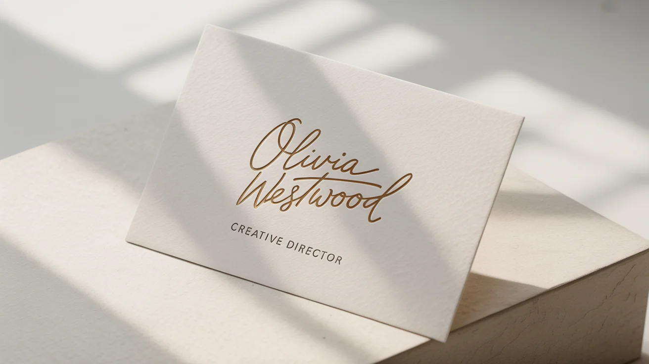 A luxurious business card mockup featuring a gold foil signature-style logo that reads 'Olivia Westwood' with the title 'Creative Director' below it. The card is on textured white paper against a plain white background.