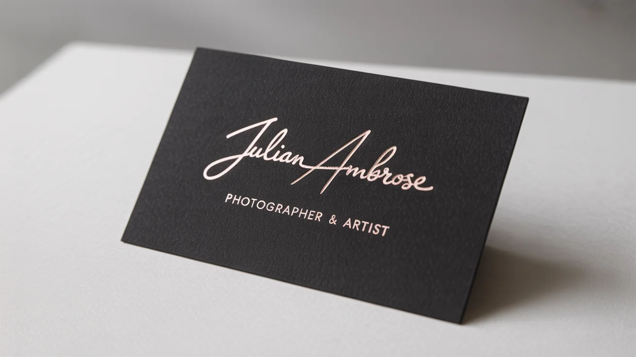 A close-up of a luxurious matte black business card featuring a personalized signature-style logo for "Julian Ambrose" in elegant, rose gold foil.