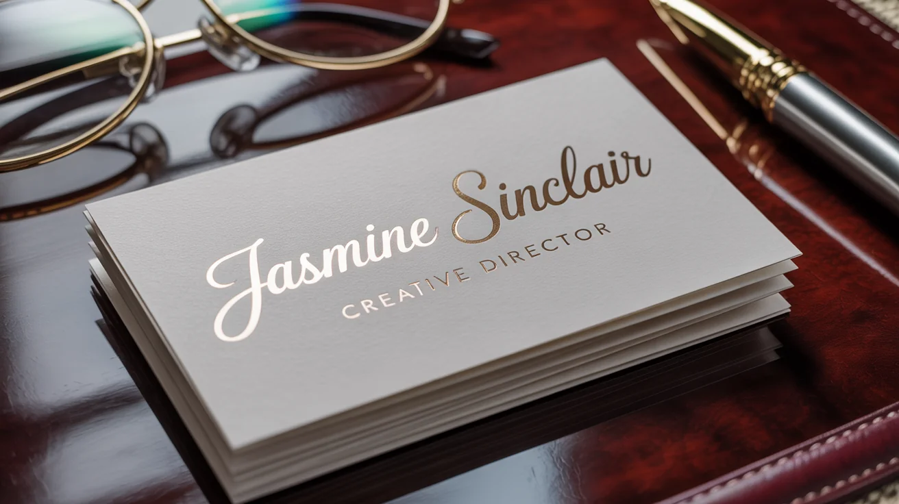 A mockup of an elegant business card with a personalized signature-style logo. The logo, in gold foil, reads 'Jasmine Sinclair' with the tagline 'Creative Director' underneath, set against a clean white background.