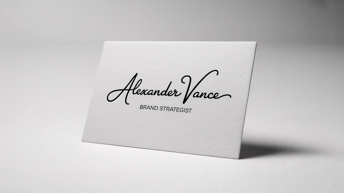 A close-up mockup of a white business card with an elegant, black signature-style logo for 'Alexander Vance, Brand Strategist' on a plain white background.
