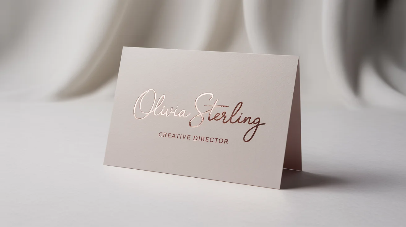 A mockup of a white business card featuring an elegant, rose gold signature logo for 'Olivia Sterling, Creative Director', set against a clean white background.