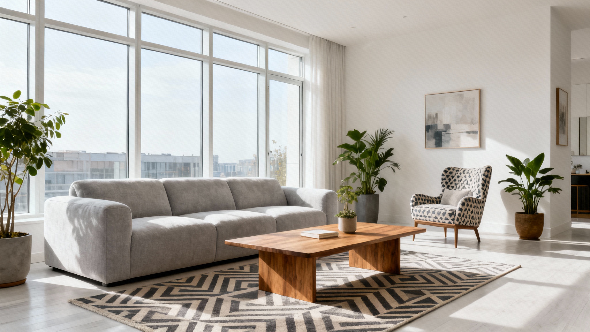 A professionally staged modern living room with large windows, a grey sofa, wooden coffee table, and stylish decor, demonstrating a virtual home staging result.