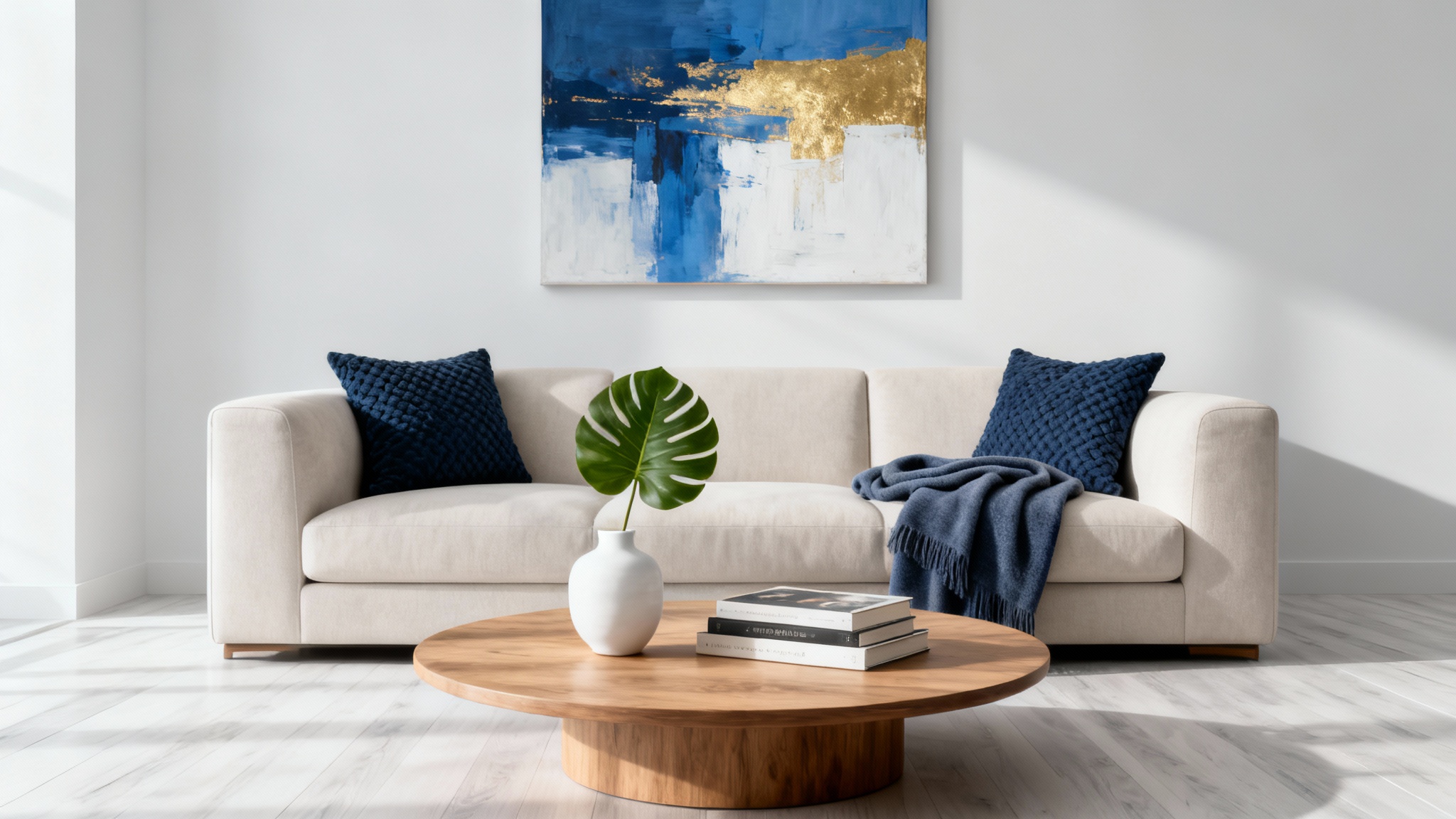 A professionally staged modern living room featuring a beige sofa, oak coffee table with decor, and abstract art, presented as a mockup on a clean white background.