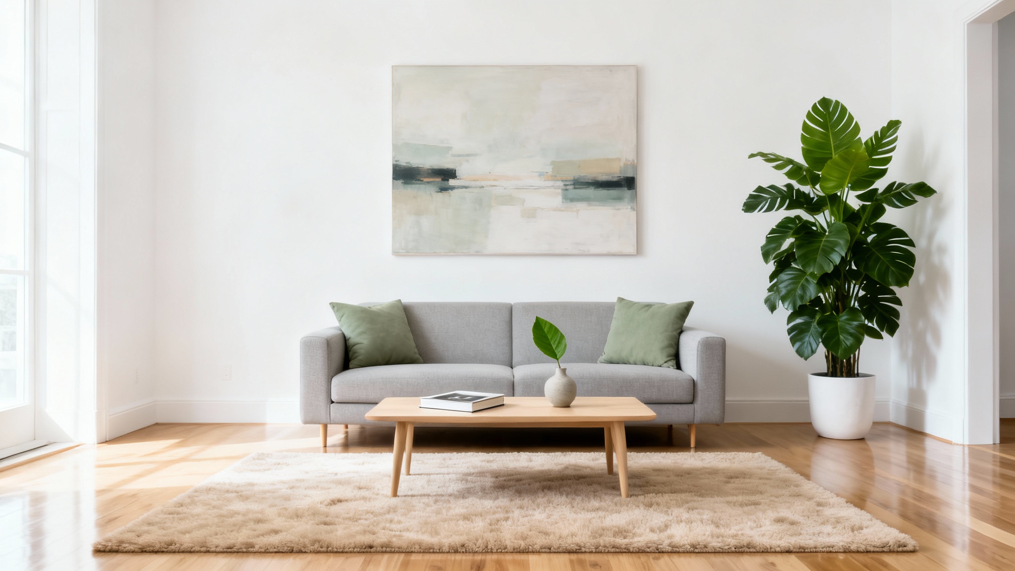 A professionally staged, modern living room with a neutral color palette. It features a gray sofa, a light oak coffee table, and a large indoor plant, all bathed in bright, natural light, creating an inviting and spacious feel.