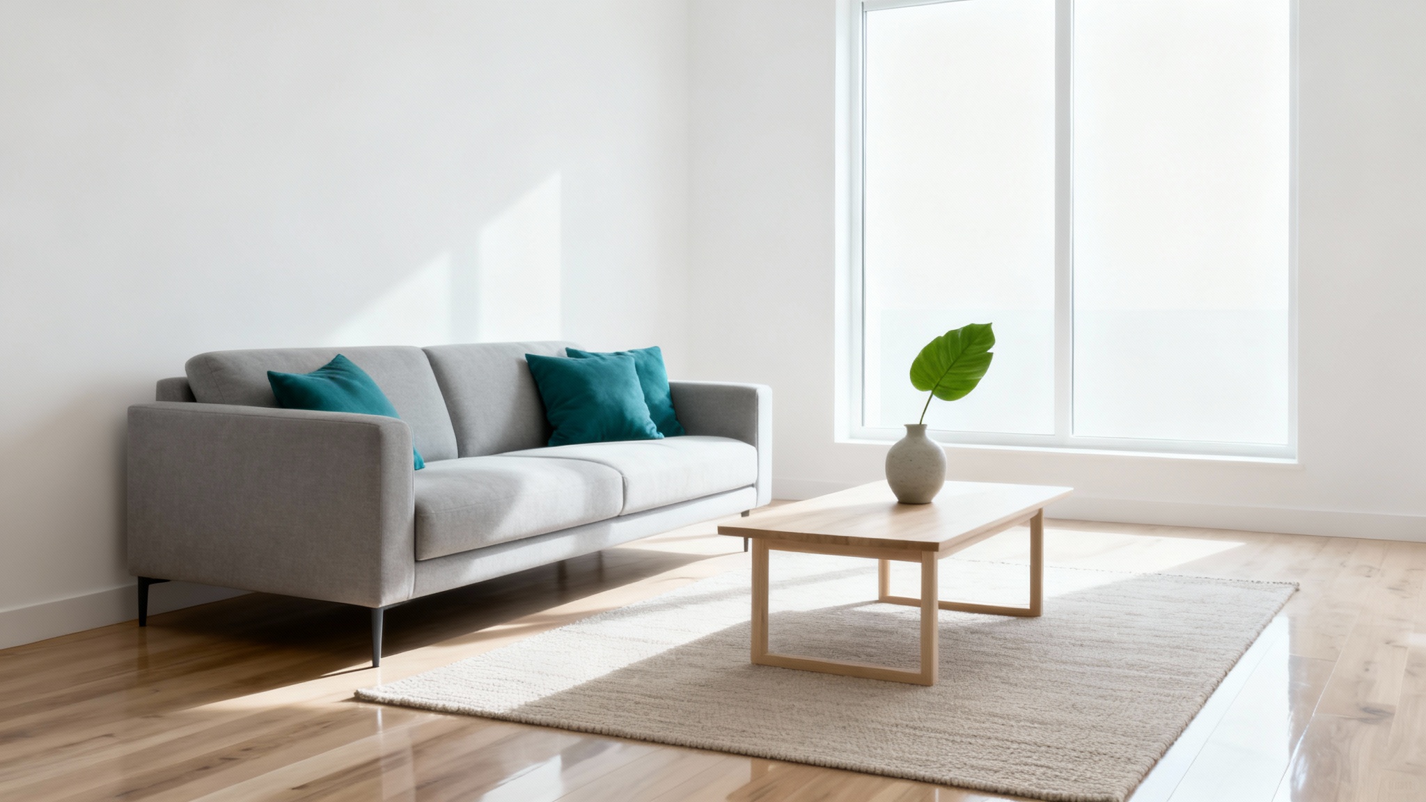 A photograph of a modern, bright living room professionally staged with a gray sofa, a light wood coffee table, and neutral decor, showcasing the effect of professional home staging.