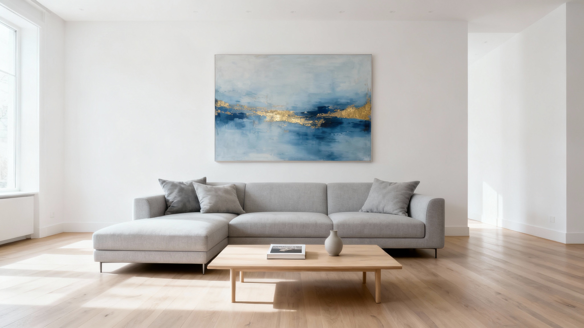 A bright and modern living room, professionally staged with a gray sofa, a minimalist coffee table, and a large abstract painting, evoking a sense of calm and luxury.
