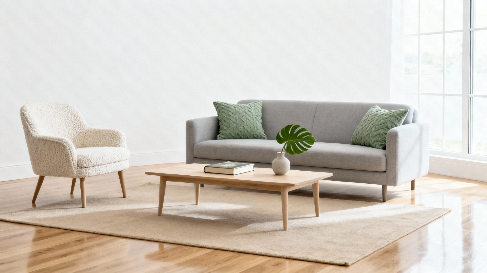 A photorealistic mockup of a professionally staged modern living room featuring a gray sofa, minimalist decor, and bright natural light, all set against a pure white background.