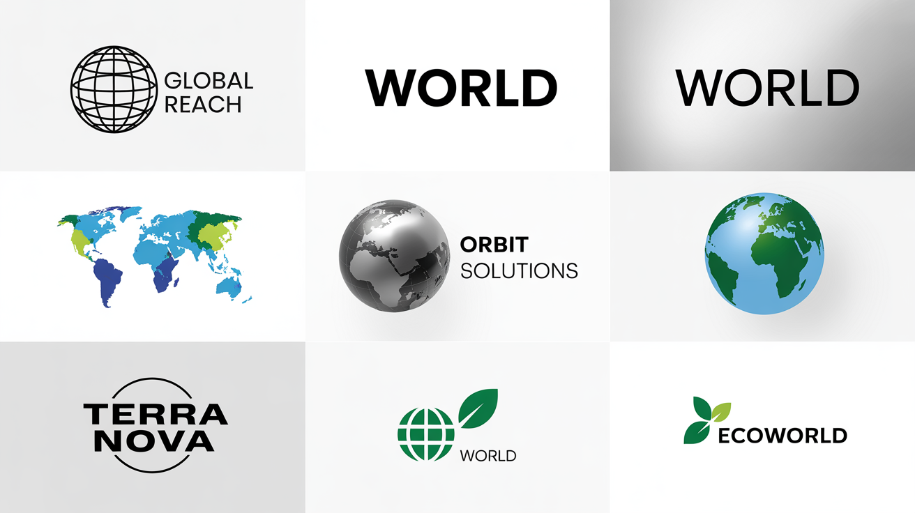 A showcase of four professionally designed world-themed logos in different styles, arranged neatly on a white background as a hero image.