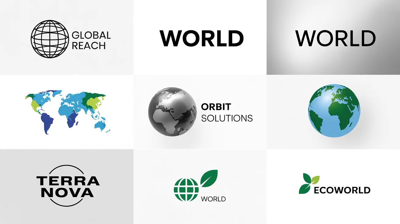 A showcase of four professionally designed world-themed logos in different styles, arranged neatly on a white background as a hero image.