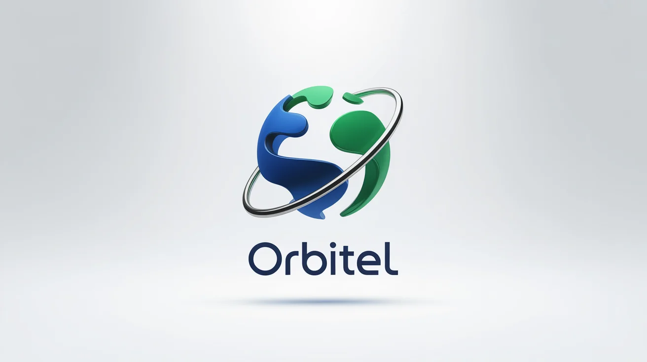 A minimalist logo of a stylized blue and green globe, encircled by a silver ring, with the fictional brand name 'Orbitel' underneath, on a clean white background.