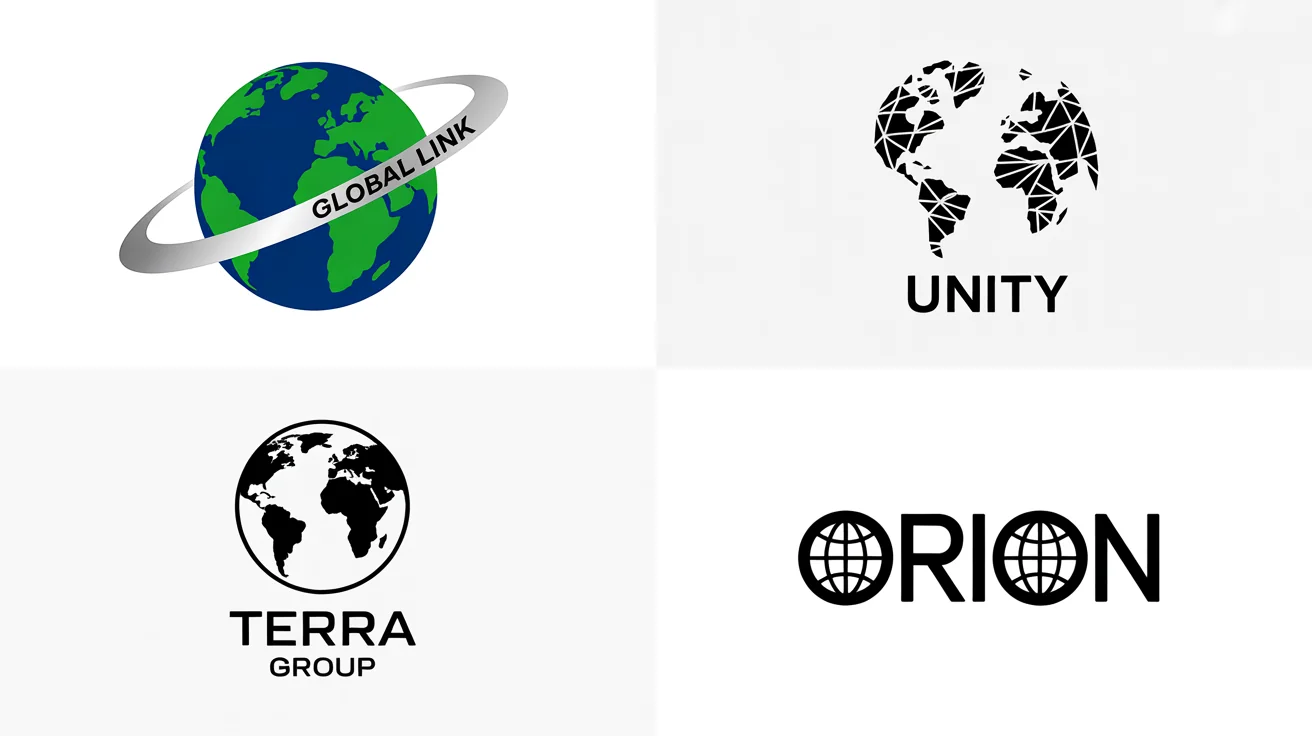 A showcase of four professionally designed world logos on a white background, each with a different modern style, demonstrating concepts of global connection, unity, and corporate branding.