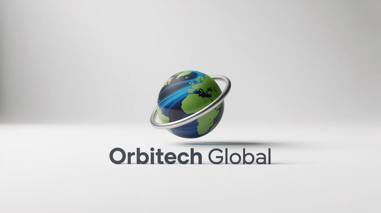 A modern world logo for a fictional company called 'ORBITECH GLOBAL', featuring a stylized blue and green globe with a silver ring, on a white background.