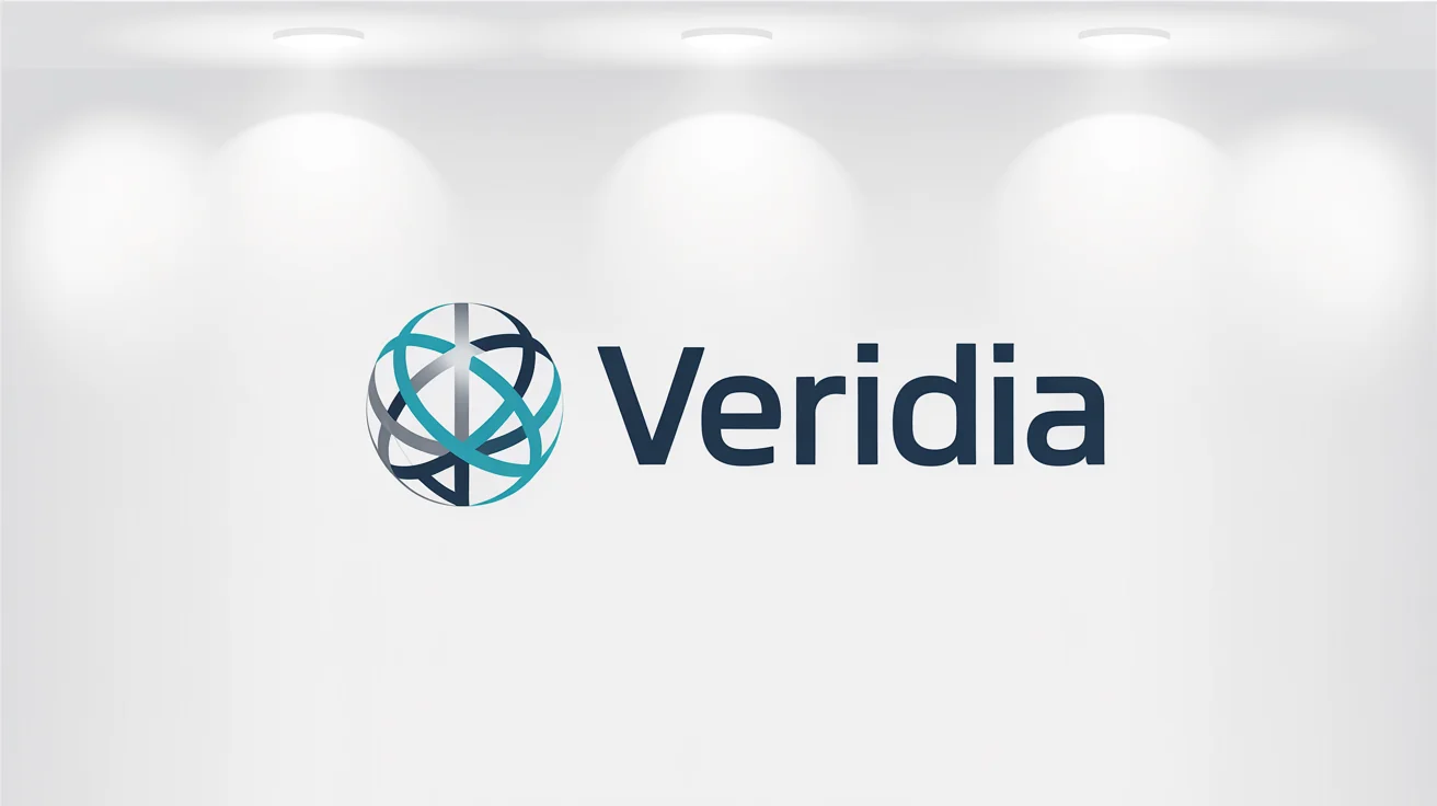 A minimalist and modern logo for a company named 'Veridia', featuring a stylized globe icon in blue, teal, and silver, placed on a clean white background.