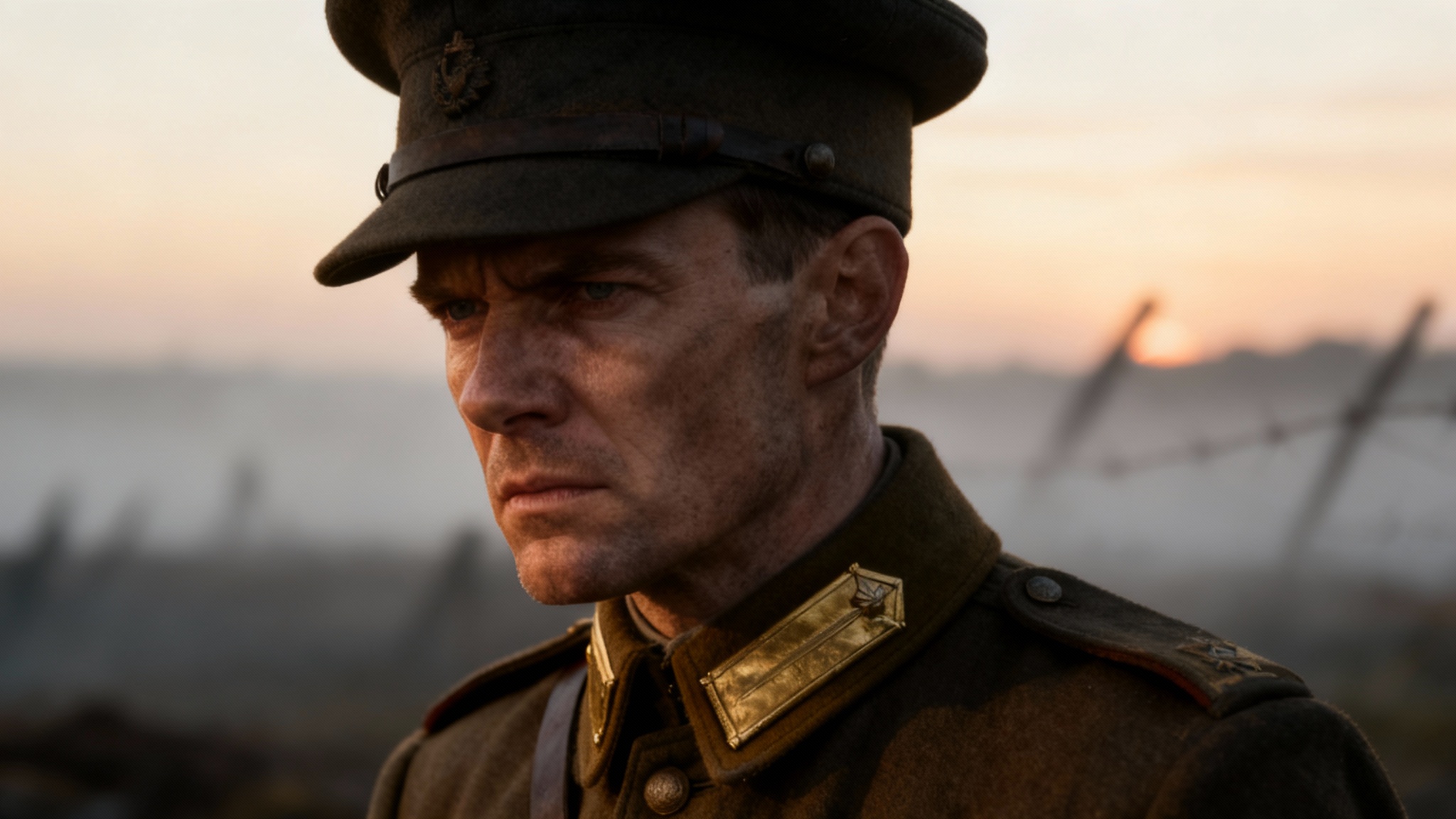 A photorealistic, cinematic portrait of a World War I officer in uniform, looking contemplatively towards the viewer, with a blurred, misty battlefield 전쟁터 (battlefield) in the background.