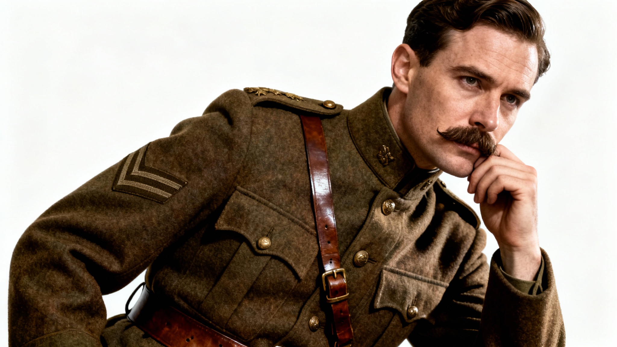 A photorealistic, vintage-style portrait of a World War I officer in full uniform, looking solemn against a solid white background.