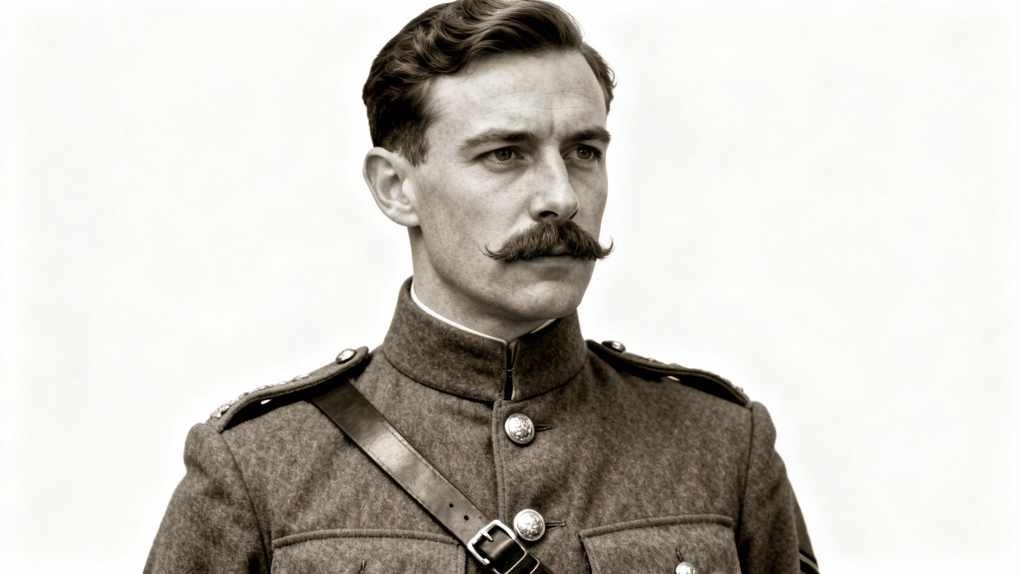 A vintage-style sepia portrait of a British WWI officer in full uniform, looking solemnly ahead against a plain white background.