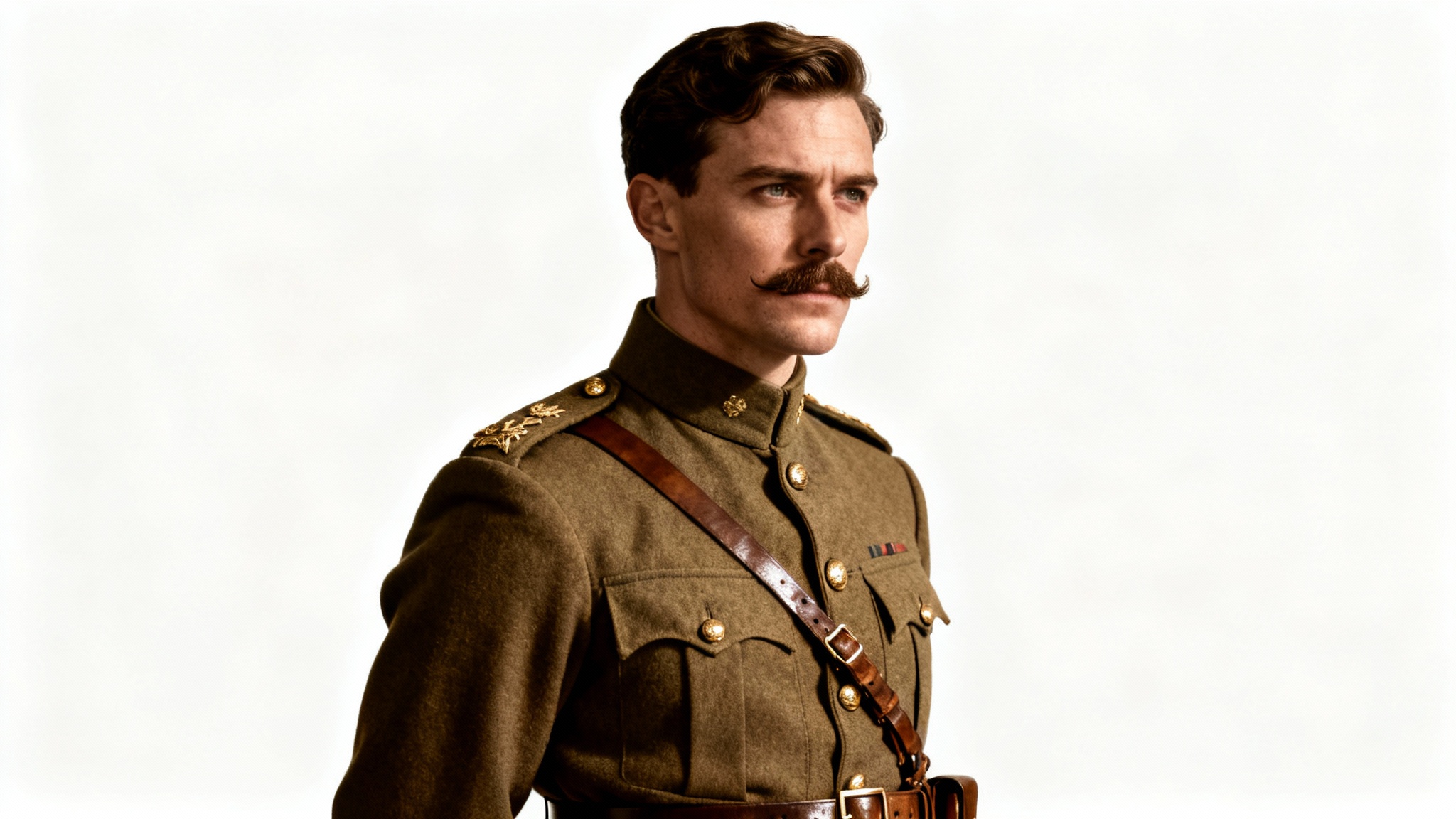 A sepia-toned studio portrait of a British WW1 officer in a khaki uniform, looking thoughtfully into the distance against a plain white background.