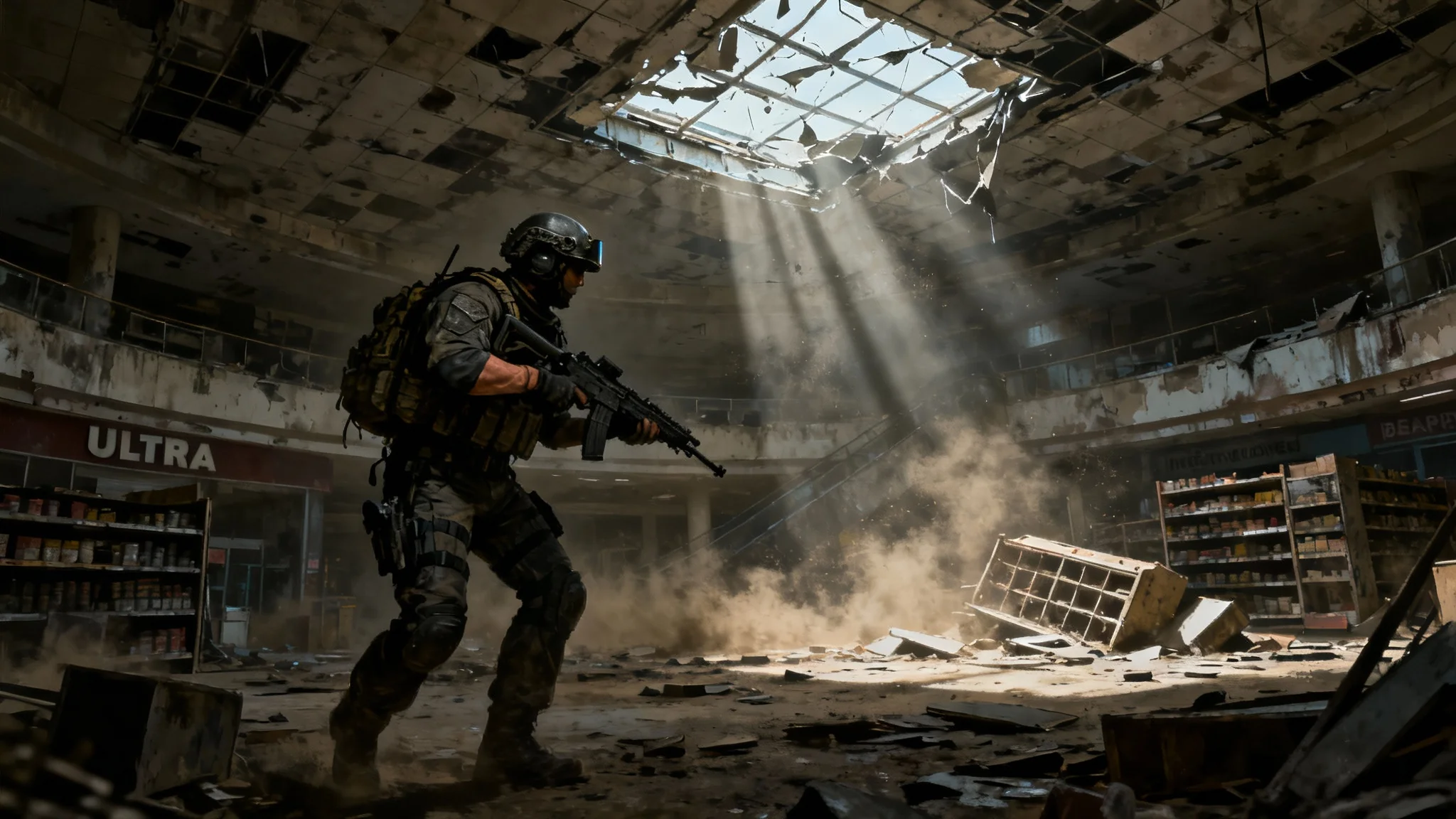 A cinematic digital painting of a heavily armed soldier cautiously exploring a dark, abandoned shopping mall, in the gritty, realistic art style of the video game Escape from Tarkov.