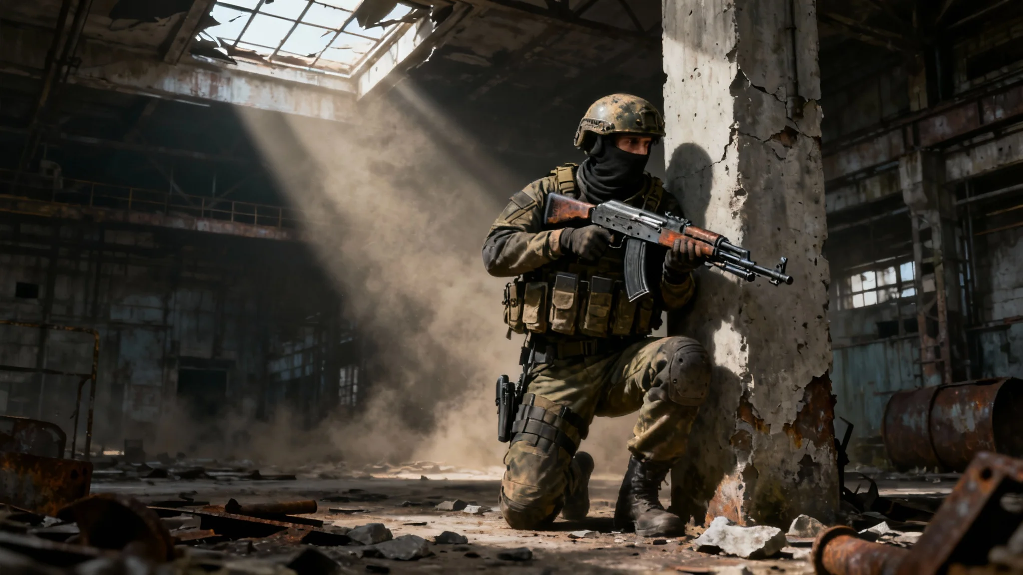 A hyperrealistic digital painting in the style of Escape from Tarkov, showing a heavily armed soldier in a dark, abandoned factory, bathed in a single shaft of light.