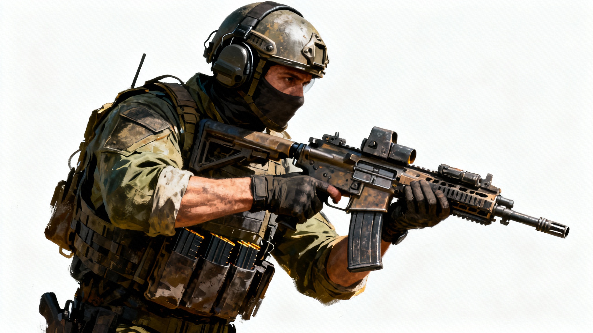 A hyper-realistic digital art piece of a soldier in full tactical gear inspired by Escape from Tarkov, standing ready against a plain white background.