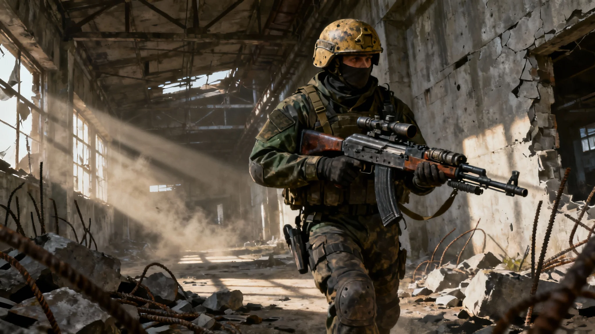 A lone soldier in full tactical gear, reminiscent of Escape from Tarkov, cautiously moves through a destroyed, sunlit factory, embodying a gritty and realistic art style.