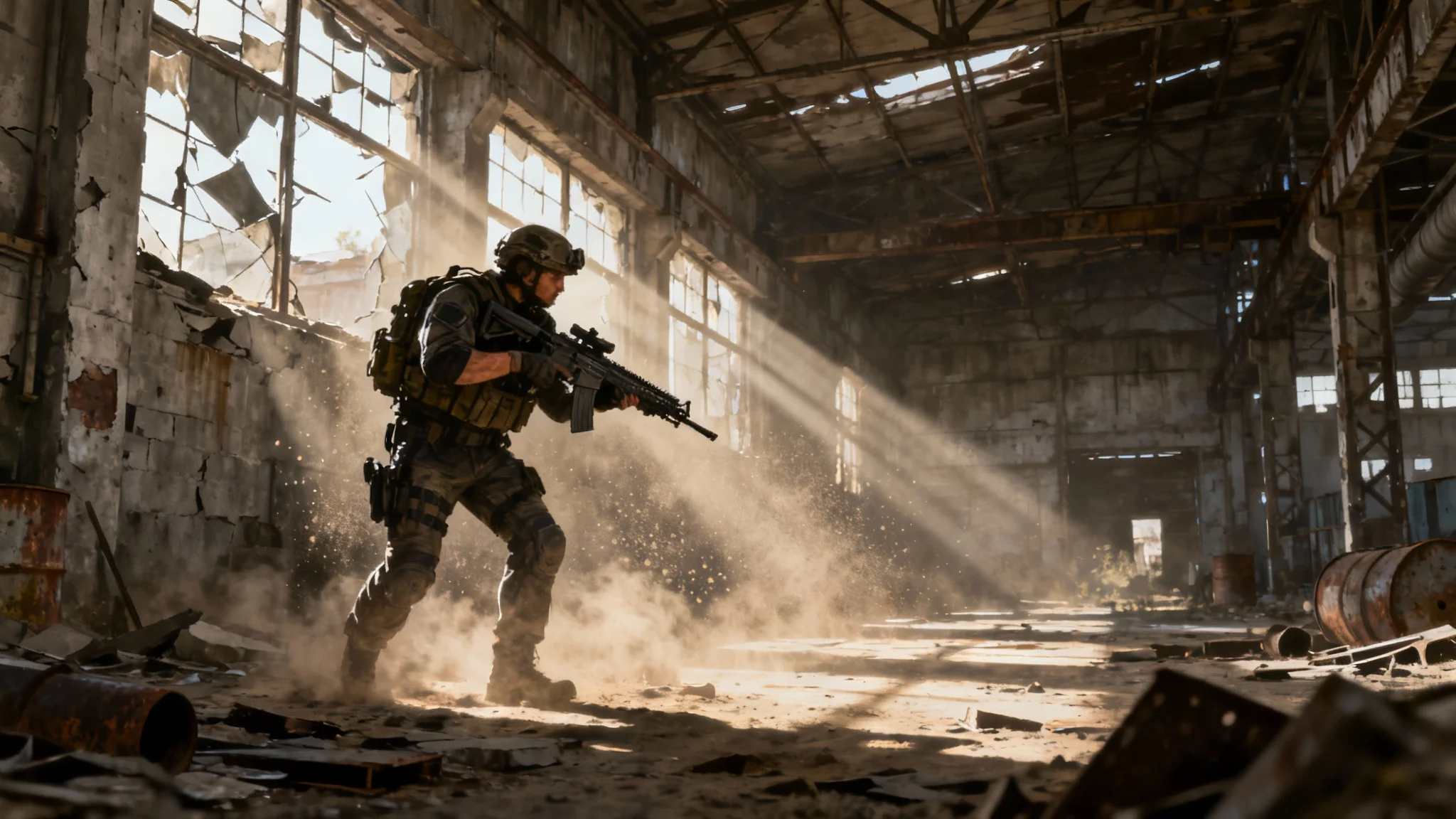 A photorealistic digital painting of a heavily armed soldier in a post-apocalyptic industrial setting, inspired by the game Escape from Tarkov. Light streams through broken windows, creating a tense atmosphere.