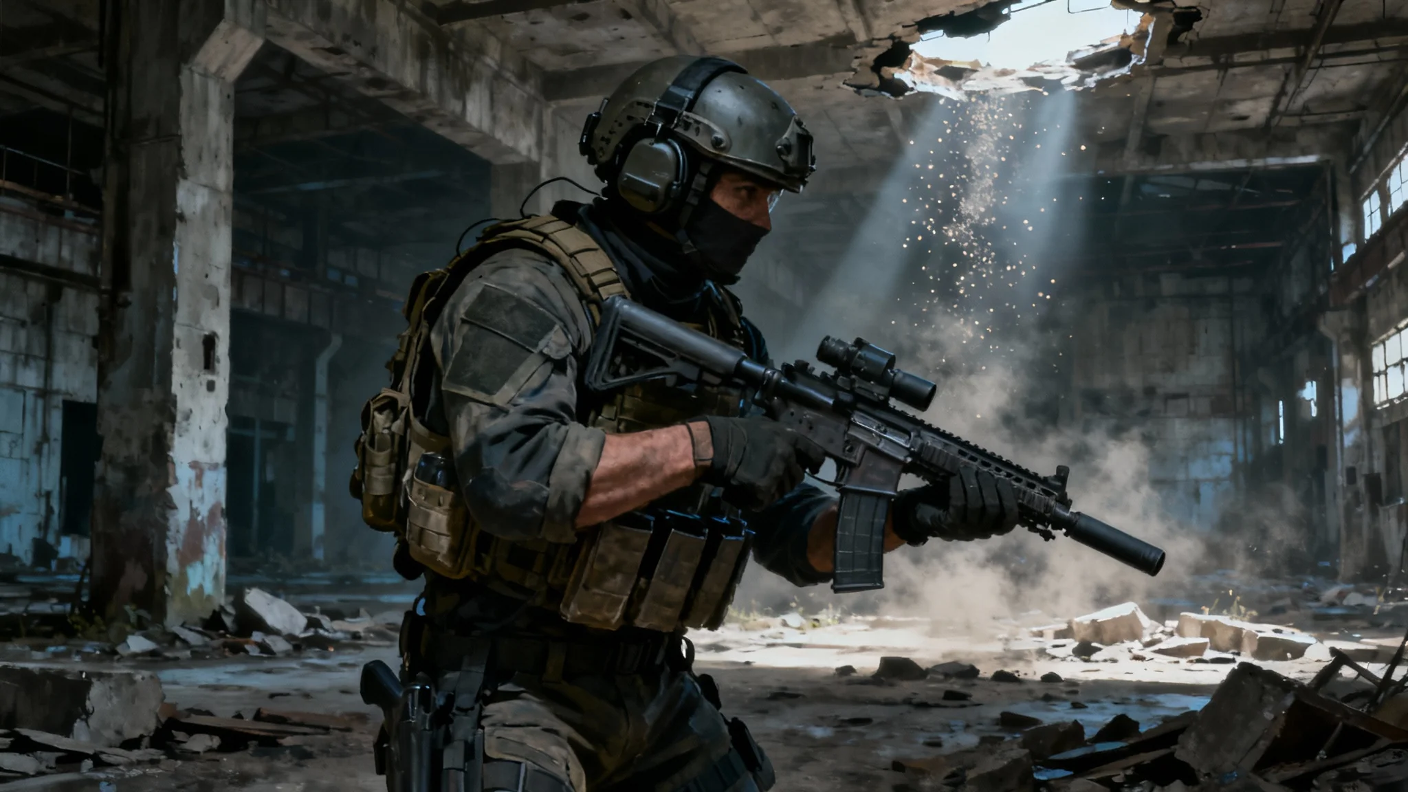 A heavily armed soldier in tactical gear cautiously moves through the ruins of an abandoned factory, embodying the gritty, survivalist art style of Escape from Tarkov.