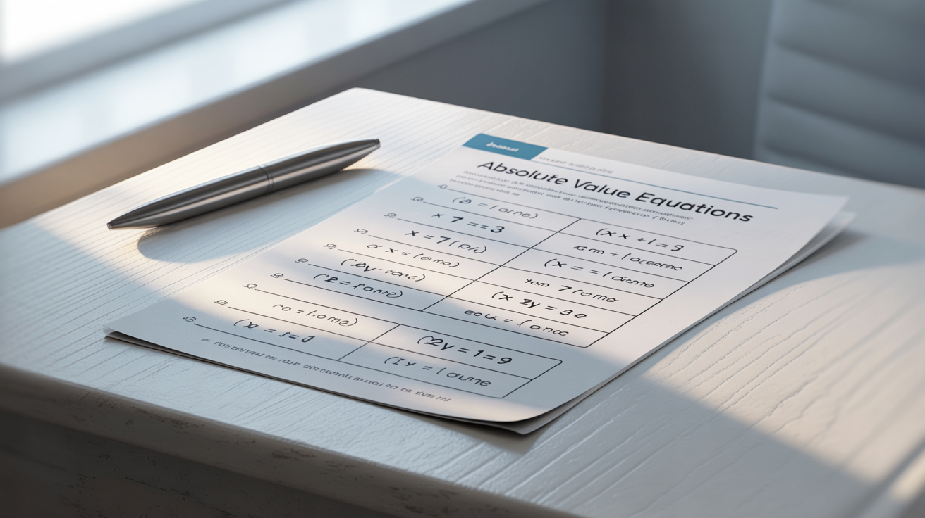 A professionally designed absolute value equations worksheet template shown on a clean desk with a pen, ready for use.