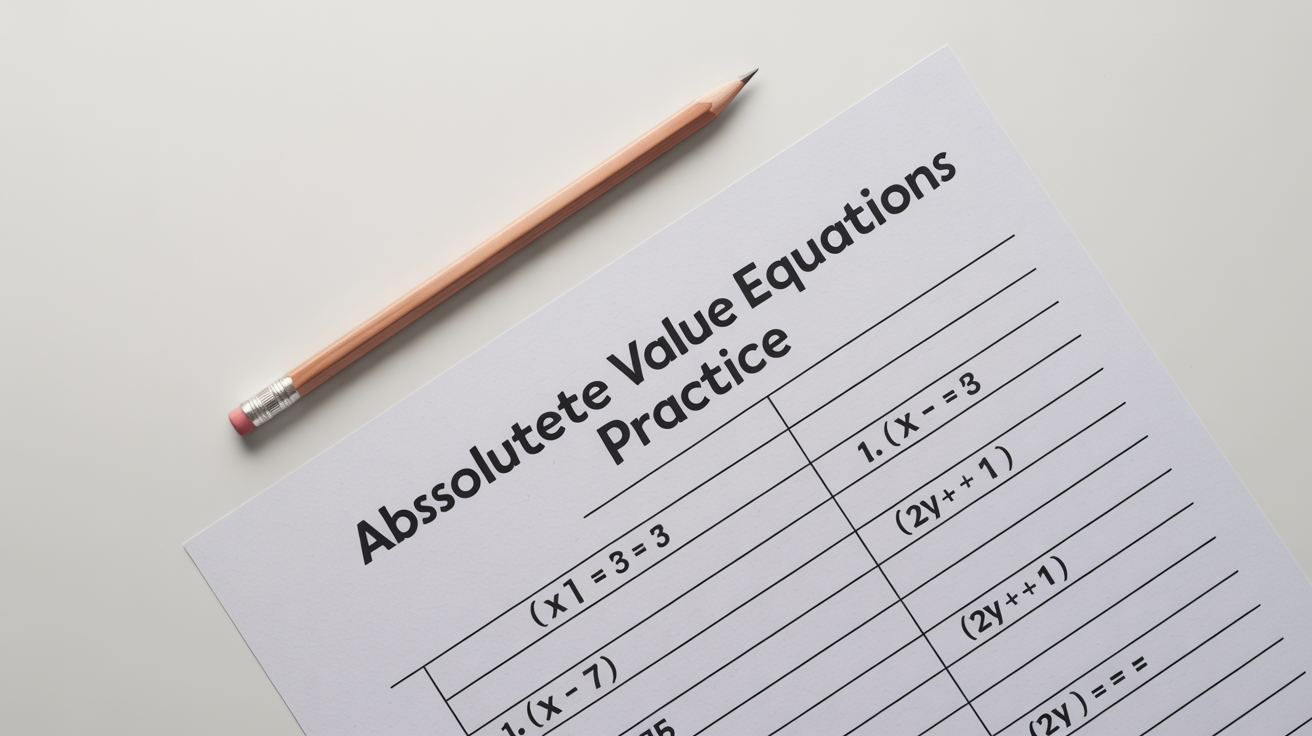 A mockup of a math worksheet on absolute value equations, featuring sample problems and a pencil, set against a plain white background.