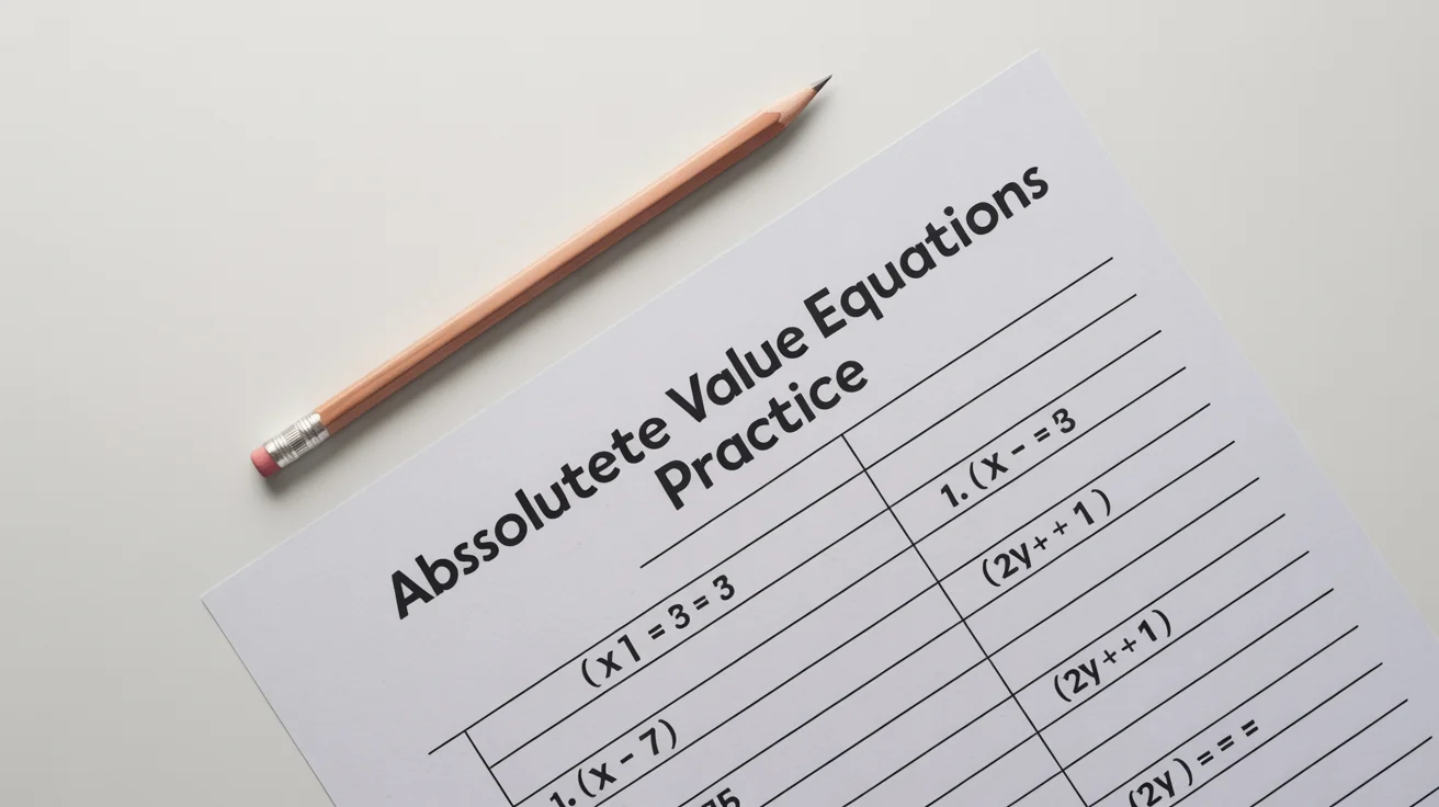 A mockup of a math worksheet on absolute value equations, featuring sample problems and a pencil, set against a plain white background.