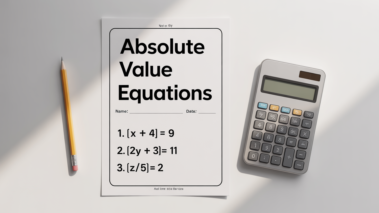 A mockup of a math worksheet on absolute value equations, displayed on a white background with a pencil and calculator next to it.