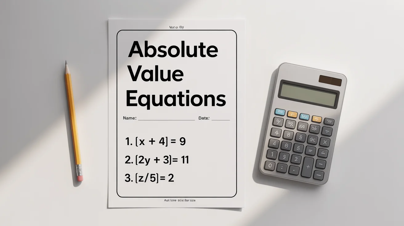 A mockup of a math worksheet on absolute value equations, displayed on a white background with a pencil and calculator next to it.