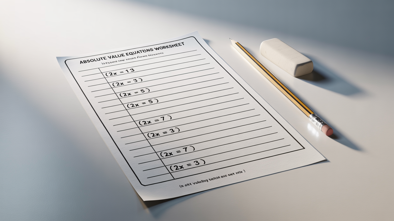 A mockup of an absolute value equations worksheet for high school math, shown on a white background with a pencil and an eraser.