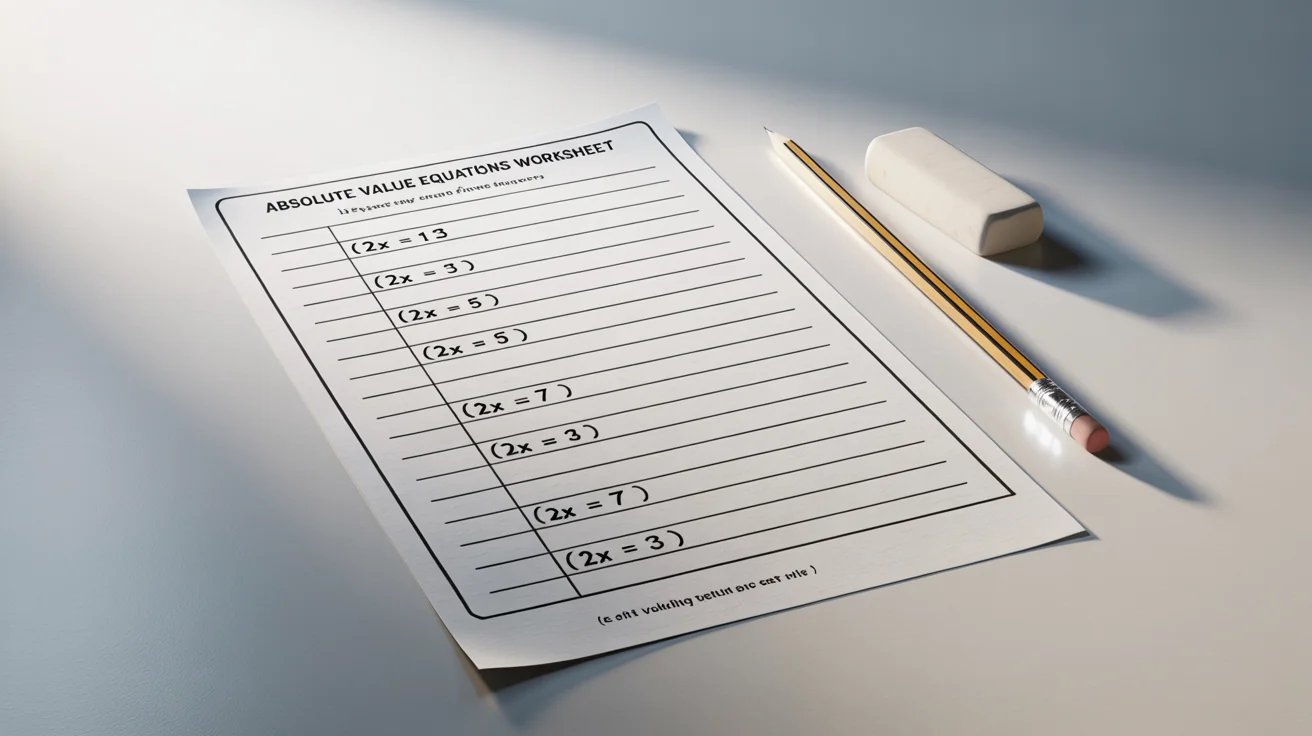 A mockup of an absolute value equations worksheet for high school math, shown on a white background with a pencil and an eraser.