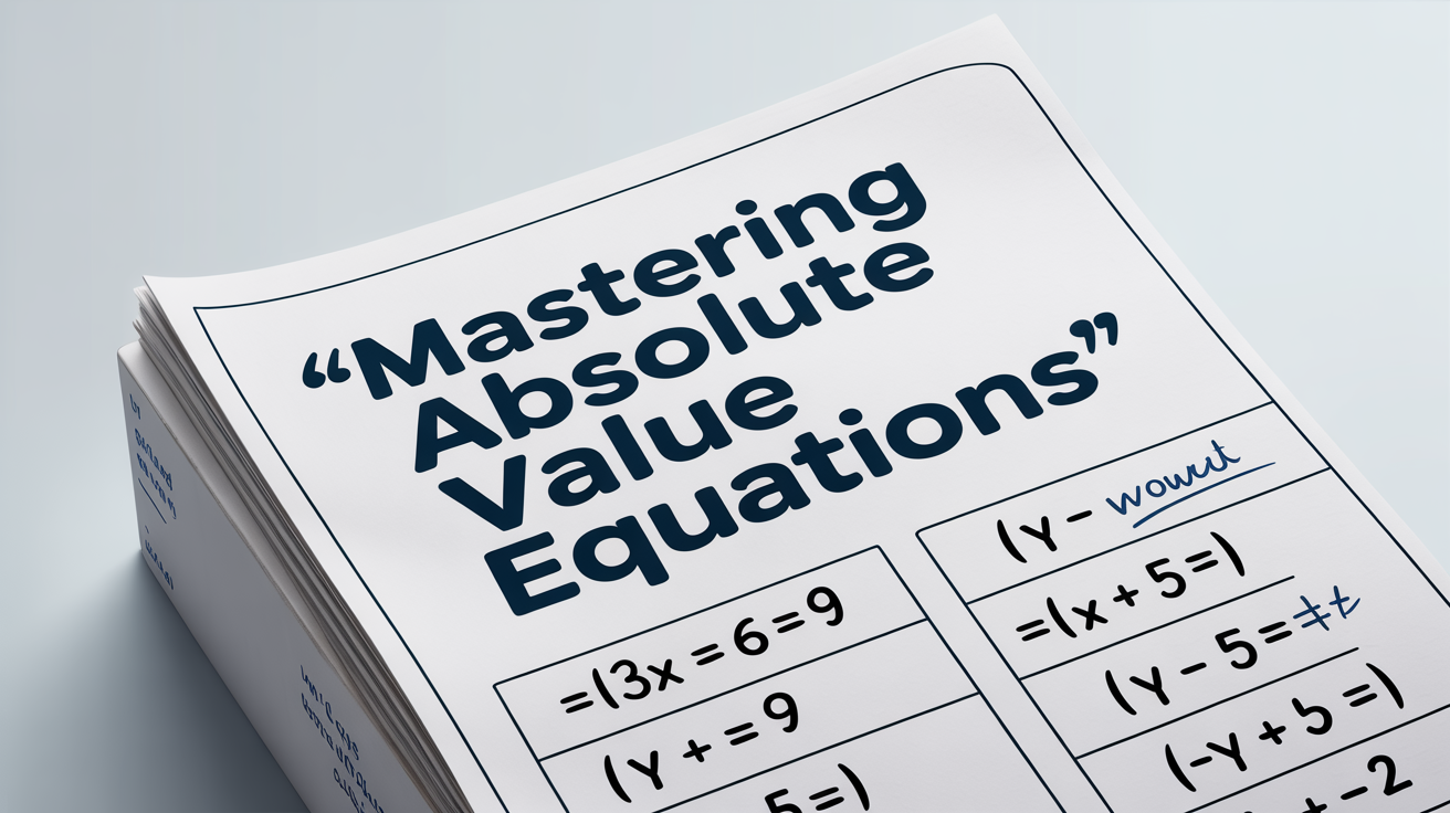 A mockup of an 'Absolute Value Equations' math worksheet, featuring a clean layout with problems and a title, presented on a white background.