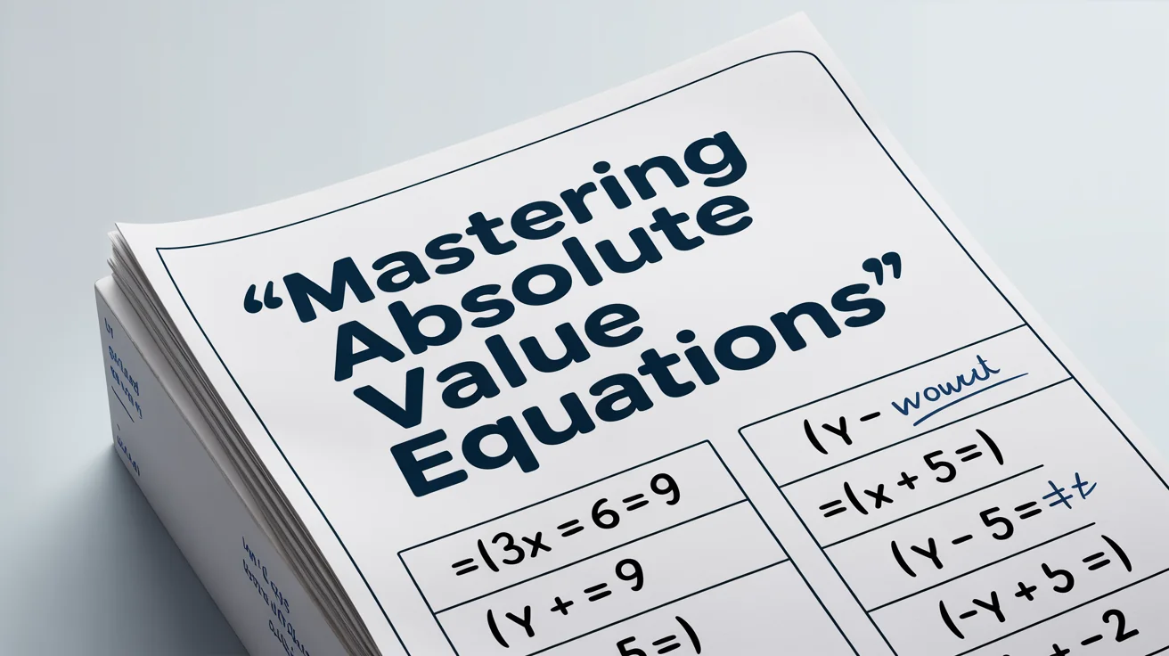 A mockup of an 'Absolute Value Equations' math worksheet, featuring a clean layout with problems and a title, presented on a white background.