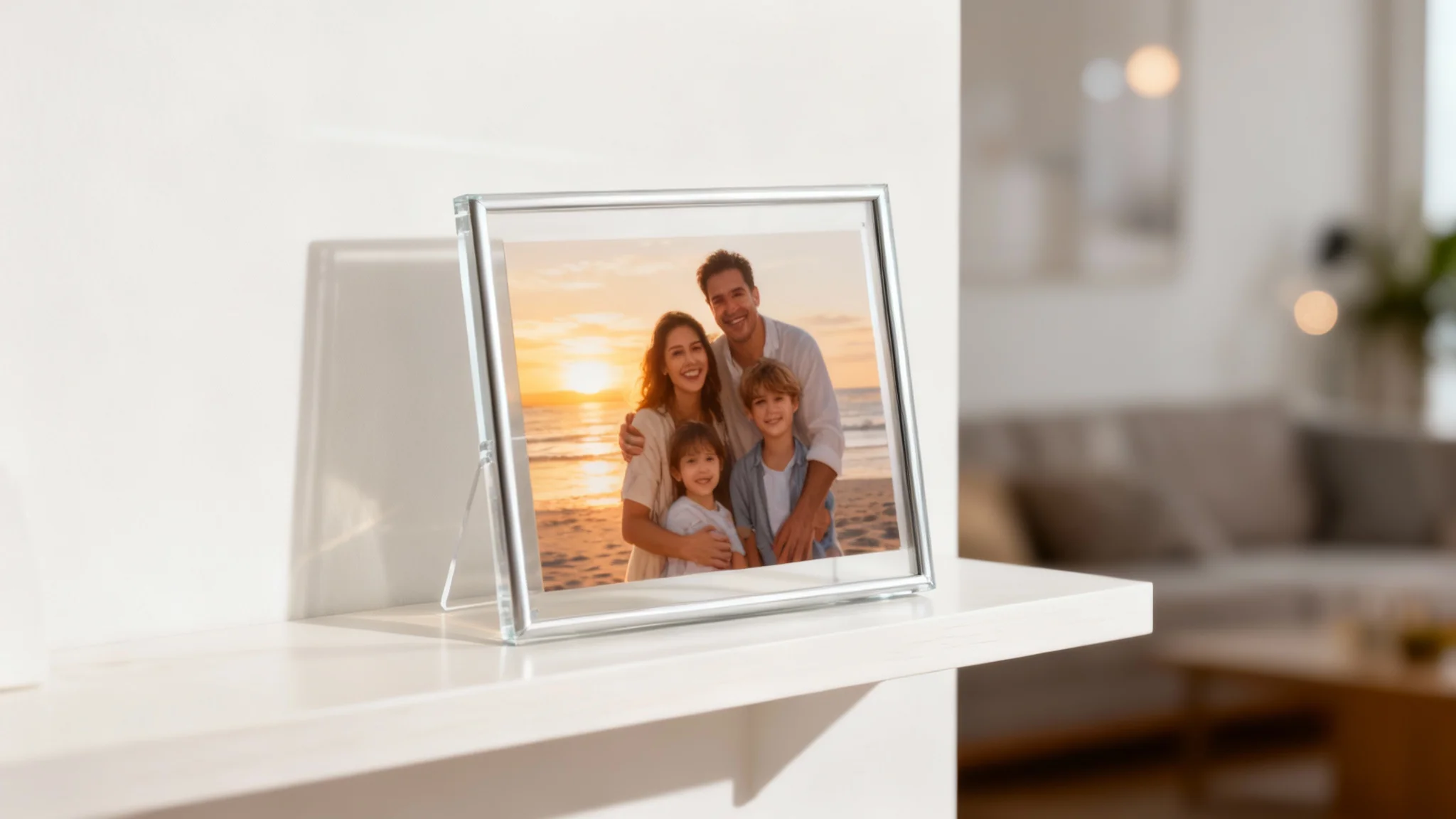 A modern acrylic photo frame with a silver border, sitting on a white shelf, displaying a beautiful color photo of a family smiling on a beach at sunset.