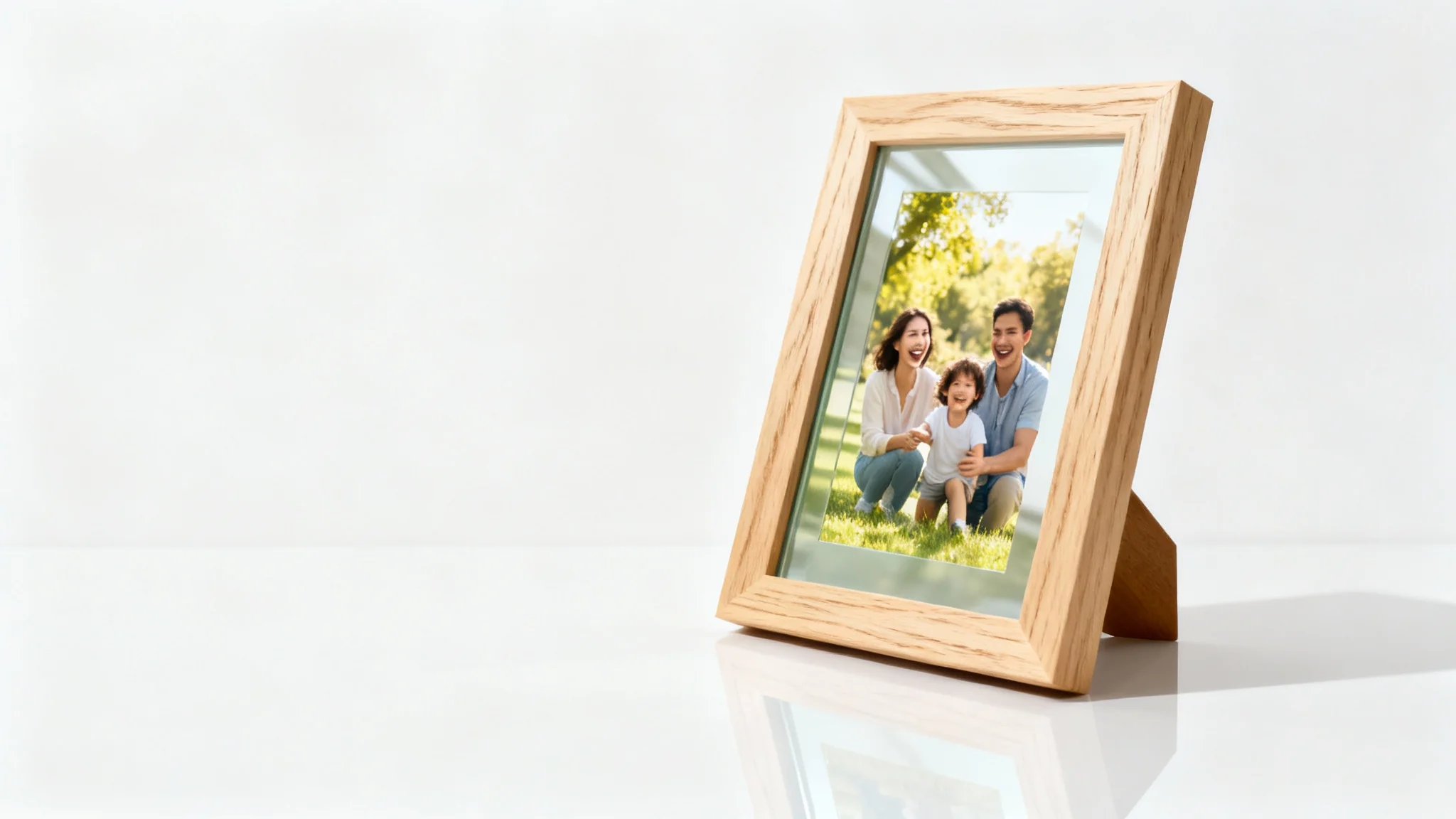 A minimalist product mockup of a light oak wooden photo frame holding a picture of a happy family, set against a plain white background.