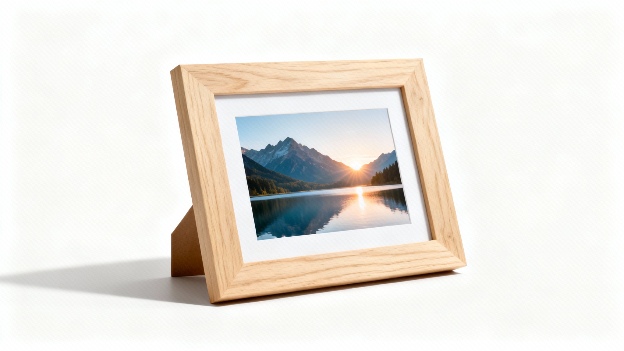 A modern light oak photo frame, standing on a white background, displaying a colorful picture of a mountain lake at sunrise.